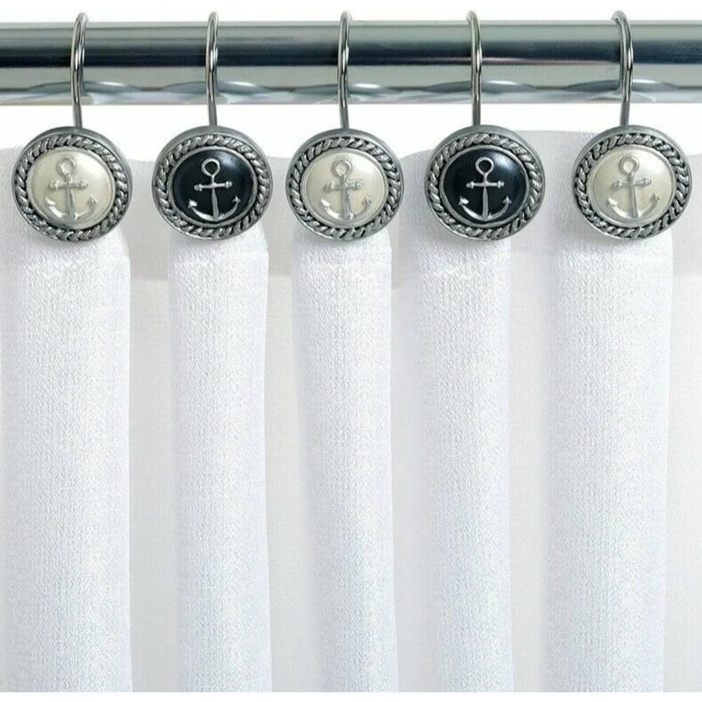 Anchor Shower Curtain Hooks Land and Sea Set of 12 Black White Nautical Beach